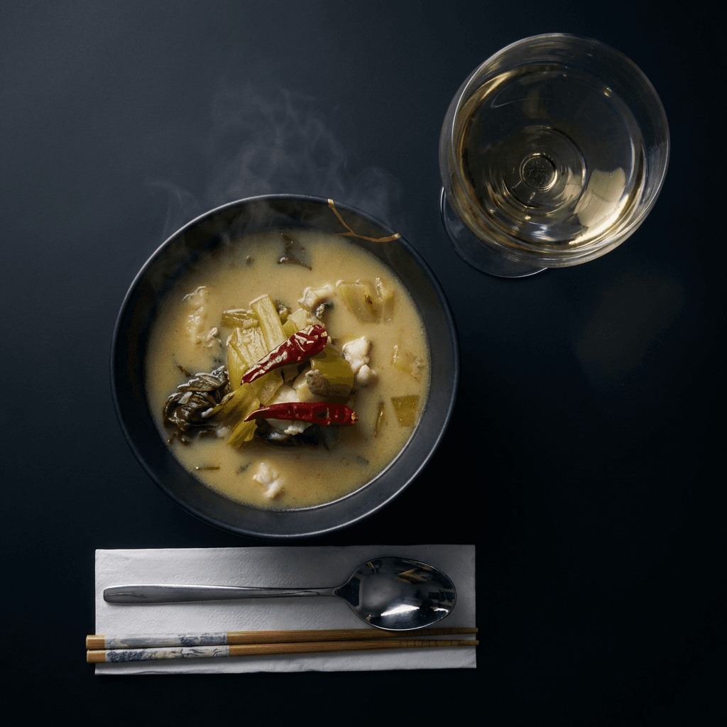 Reishi powder Golden Broth Monk Fish with Fermented Mustard Greens (Spicy)